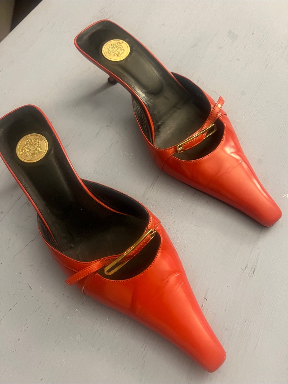 Versace Red Leather Pointed Mule Heels with Gold Bar